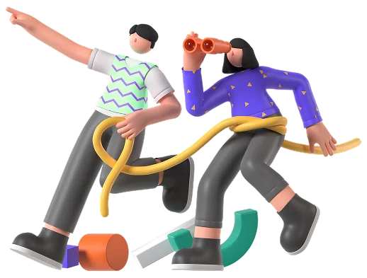 Ilustração de duas personagens animadas a explorar soluções financeiras, junto ao simulador de crédito habitação.